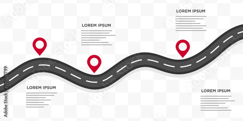 Infographic design template with place for your text. Asphalt road with pin on it illustration. GPS pin pointers on the road. Cartoon vector