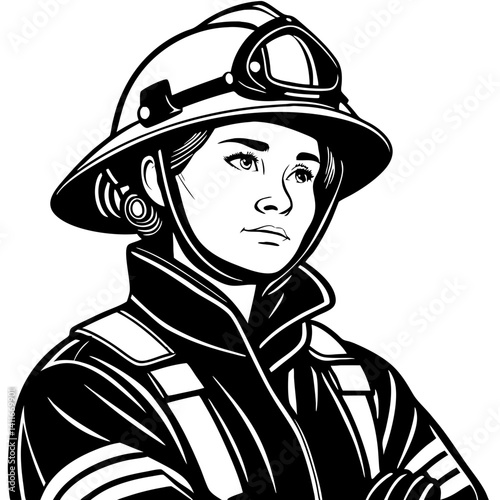 Courageous Female Firefighter Emblem Black and White Illustration for Empowerment Designs