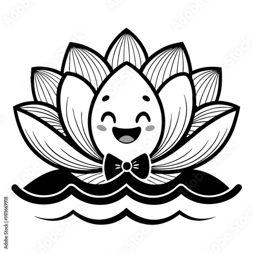Happy Cute Lotus Flower Character with Smiling Face and Bowtie in Water for Kids Art