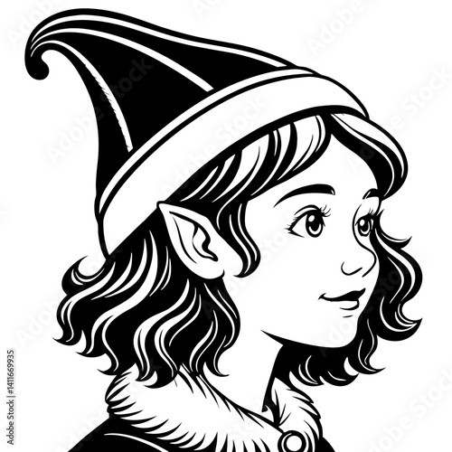 Whimsical Elf Girl Character Profile with Playful Expression for Coloring and Tattoo Design