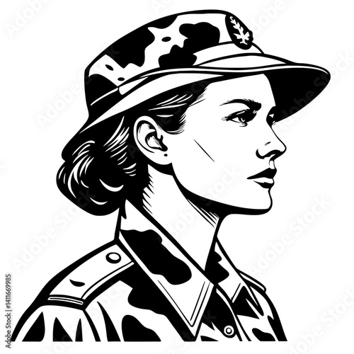 Military Woman Profile in Camouflage Uniform Vector Art for Tattoos and Coloring Books