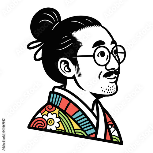 Colorful Japanese Man in Traditional Kimono Portrait Vector for Tattoos and Illustrations