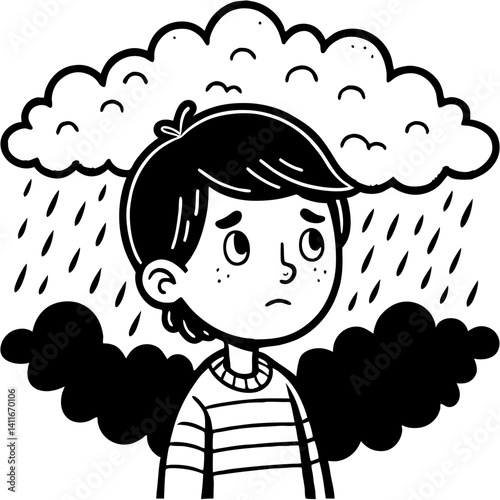 Sad Boy Under Rainy Cloud Illustrating Emotions and Mental Health Themes for Kids