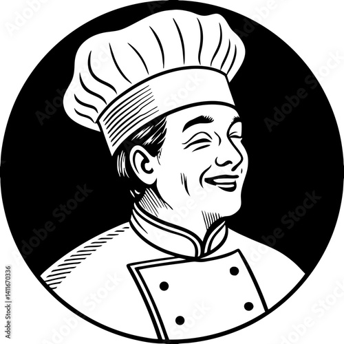 Chef Character Smiling Wearing Chef Hat and Uniform Graphic Design for Culinary Themes