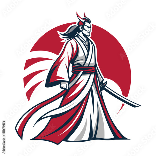 Powerful Samurai Warrior in Traditional Attire with Katana against Red Circle Background