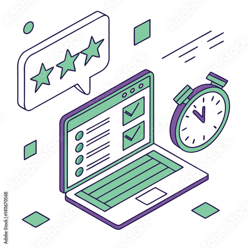 Isometric Online Exam Illustration with Laptop, Checklist, Stars, and Timer.