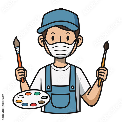 Young Painter Holding Paintbrush and Palette in Protective Mask for Art Activities