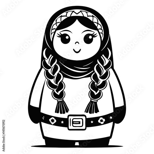 Cute Character in Traditional Dress with Braids and Scarf Perfect for Coloring Books and Crafts