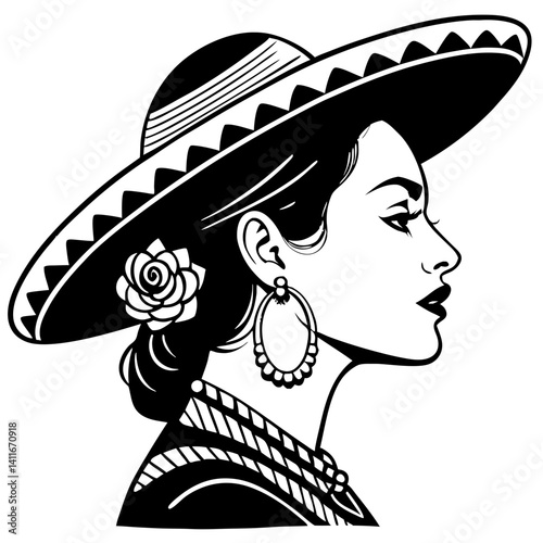 Elegant Mexican Woman in Traditional Sombrero with Flower and Earrings for Artistic Design