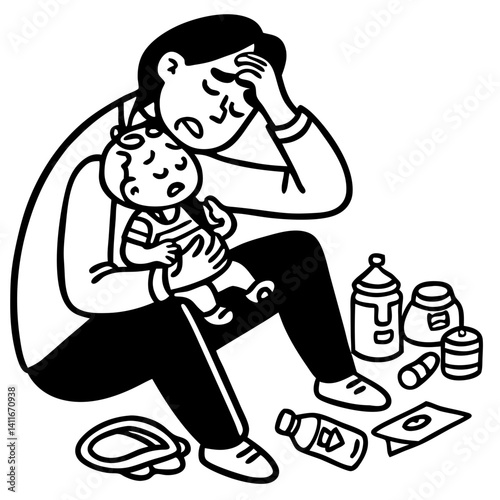 Stressed Parent Caring for Baby Surrounded by Baby Items Illustrating Parenting Challenges