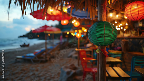Blurred tropical beach bar setting, warm wood tones and fairy lights, bokeh effect. 