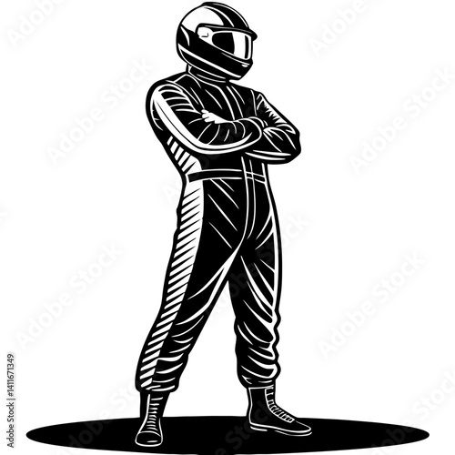 Confident Racing Driver in Suit and Helmet Standing with Arms Crossed Vector Illustration