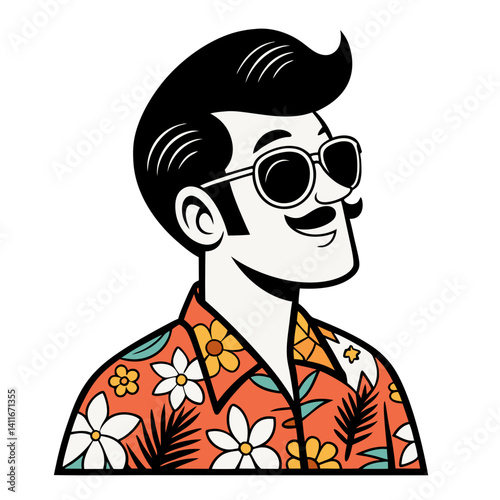 Retro Hawaiian Man in Sunglasses with Floral Shirt for Fun Summer Designs and Illustrations