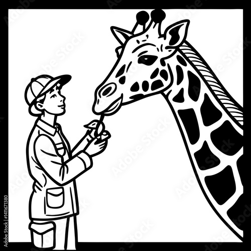 Veterinarian Feeding Giraffe Close Up Graphic Suitable for Educational Use and Coloring Books
