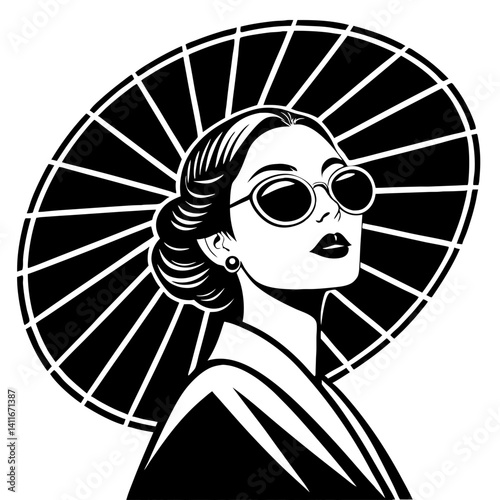 Stylish Woman with Sunglasses and Fan Inspired Vector Art Displaying Elegance and Grace