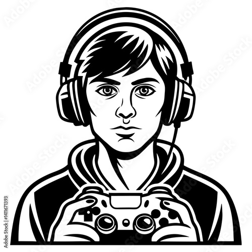 Gaming Boy with Headphones and Controller Vector Illustration for  Projects