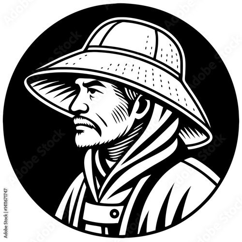 Detailed Black and White Illustration of a Traditional Asian Farmer Wearing a Conical Hat