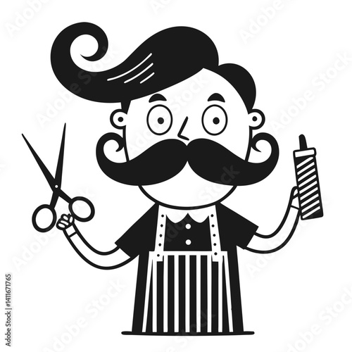 Barber Character with Scissors and Styling Product for Fun Illustrations and Tattoos