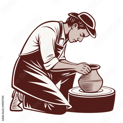 Craftsman Shaping Clay on Pottery Wheel Unique Artisan Pottery Illustration for DIY Crafts