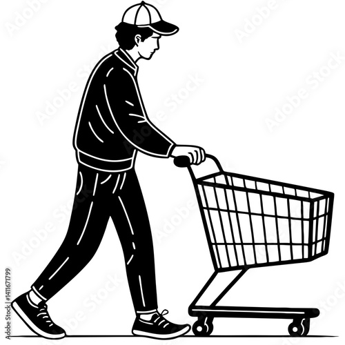 Young Man Pushing Shopping Cart Vector Illustration for Retail and Consumer Design