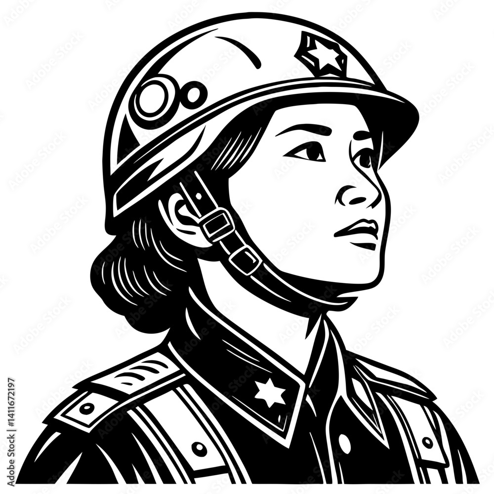 Obraz premium Female Soldier Portrait in Uniform Seated in Profile with Determined Expression