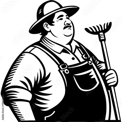 Farm Worker with Rake in Overalls Retro Style Illustration for Gardening and Agriculture Design