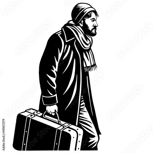 Stylish Man Wearing Coat and Scarf Carrying Vintage Suitcase Illustration for Travel Themes