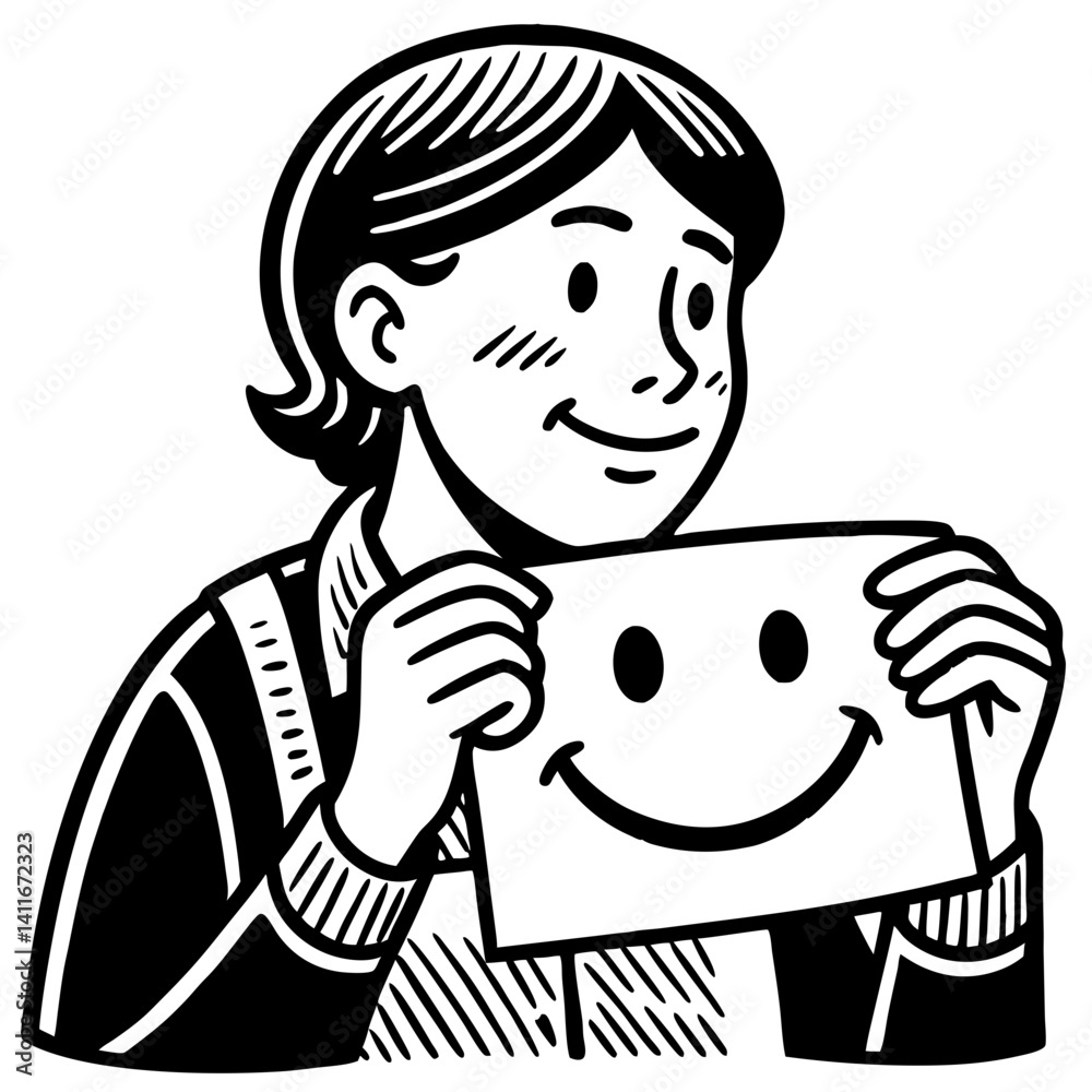 Cheerful Child Holding Smile Face Sign Cartoon Illustration for Kids Activities and Designs Cheerful Child Holding Smile Face Sign Cartoon Illustration for Kids Activities and Designs