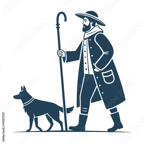 Shepherd Man Walking with Dog in Nature Illustration for Farmhouse Artwork or Decor
