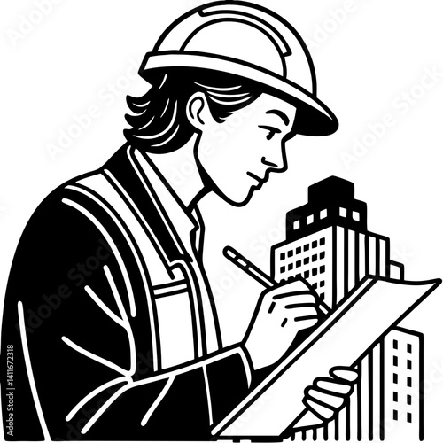 Construction Worker Sketching Architectural Plans with City Buildings in Background
