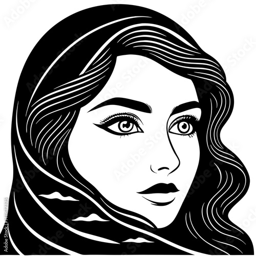 Elegant Woman in Headscarf Black and White Vector Art for Tattoo Design and Coloring Book