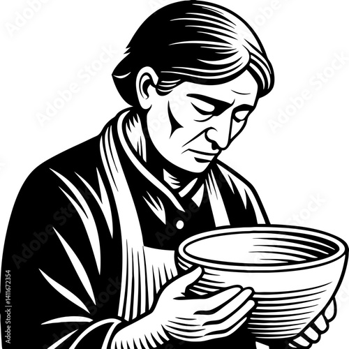 Elderly Woman Holding Ceramic Bowl Vintage Style Illustration for Craft Projects and Home Decor