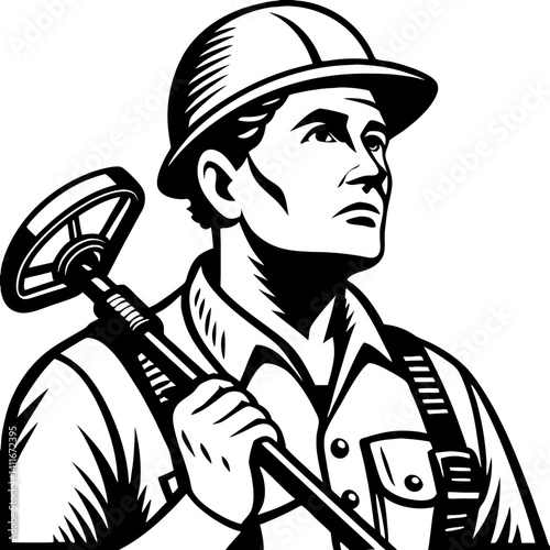 Confident Construction Worker Holding a Metal Detector in a Vintage Style Illustration