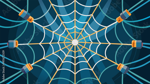 A web of fiber optic cables resembling a modernday spiders web demonstrating the backbone of telecommunications data transmission.. Vector illustration