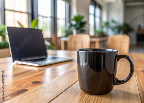 Black Ceramic Mug on Wooden Table at Workplace