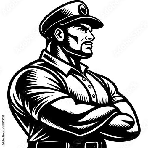 Strong Muscular Man Wearing Cap with Crossed Arms Vintage Style Vector Graphic Design