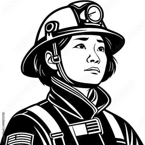 Brave Female Firefighter Portrait in Bold Line Art Ideal for Tattoo Designs and Illustrations