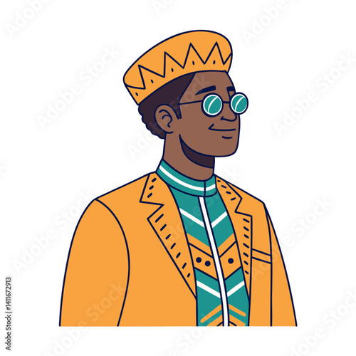 Stylish African Man in Colorful Traditional Attire with Hat and Glasses Vector Illustration