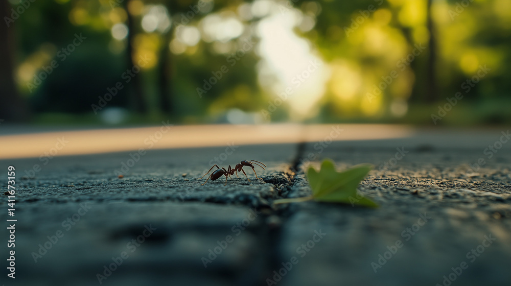 Fototapeta premium Ant exploring a leaf on a road with a blurred natural background 