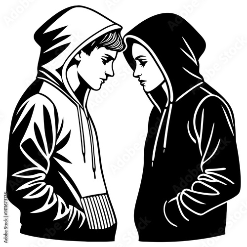 Intense Standoff Between Two Hooded Figures in Stylish Black and White Illustration
