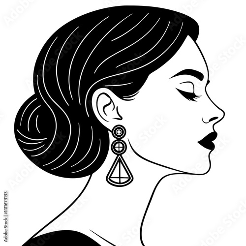 Elegant Black and White Profile of a Woman with Stylish Earrings for Fashion Content