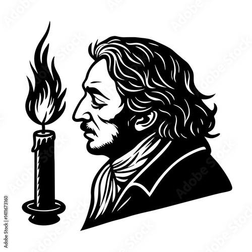 Classic Candlelit Portrait of Historical Figure with Flame Symbolizing Enlightenment