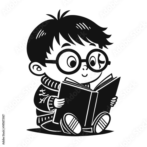 Cute Cartoon Boy Reading Book Illustration for Children's Education and Storytelling Themes