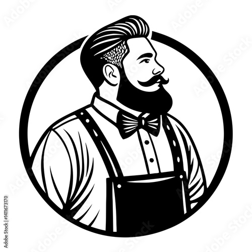 Vintage Barbershop Style Mustached Man Portrait with Bowtie and Suspenders Vector Art