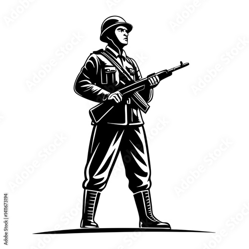 Military Soldier Standing With Rifle Proudly Demonstrating Strength and Valor in Emblematic Style