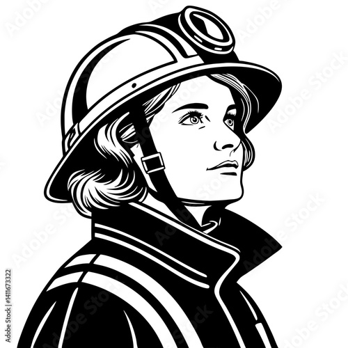 Brave Female Firefighter in Protective Gear Looking Up Inspiration Strength Courage