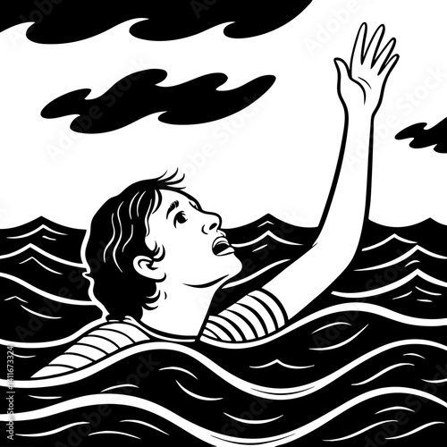 Person Struggling in Water with Outstretched Arm Against Dramatic Waves and Clouds