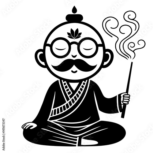 Meditating Cartoon Guru with Incense in Hands Peaceful Spirit for Mindfulness and Relaxation