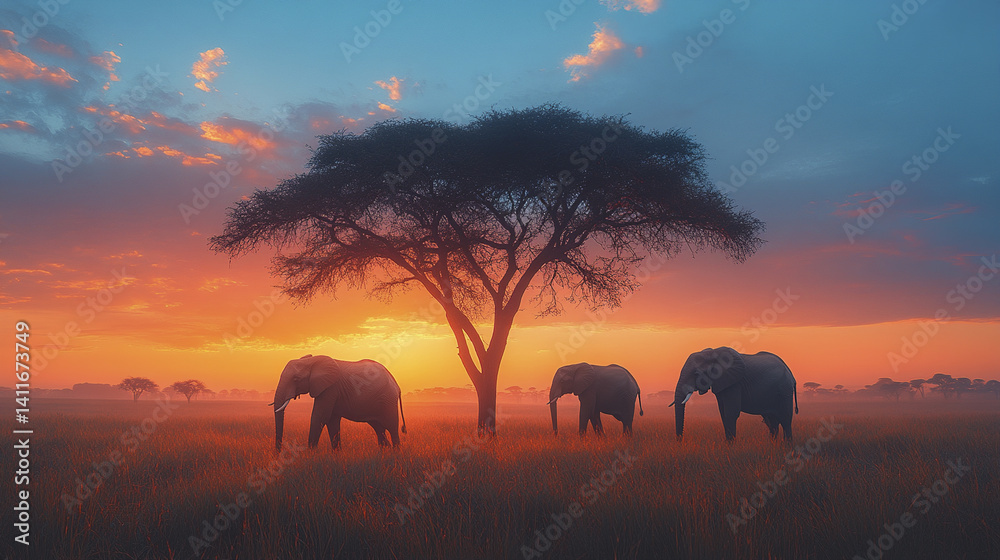 Fototapeta premium Elephants roam under vibrant sunset in African savanna