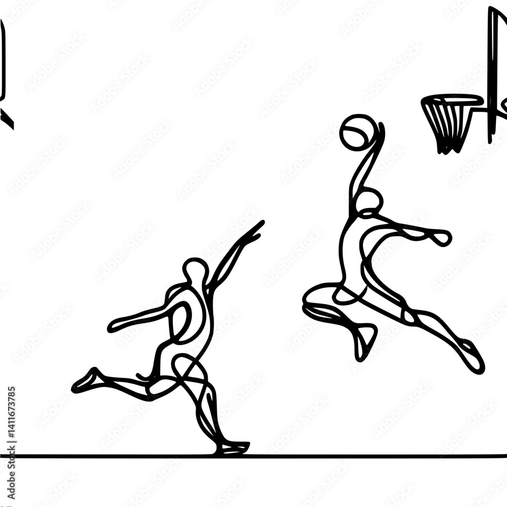Fototapeta premium Dynamic basketball players executing a jump shot in a minimalist style , single line vector